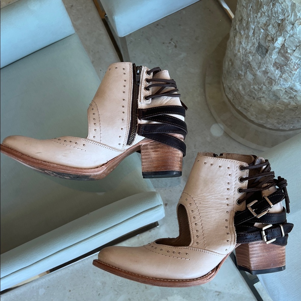 freebird White Cutout Lace-Up Ankle Booties with Brown Accents - Picture 2 of 14